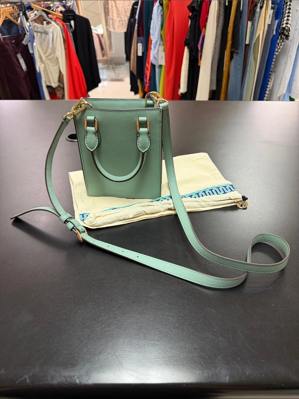 Tory Burch Mint Green Leather Mini Crossbody with Gold Hardware